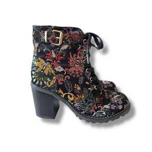 Diba Tapestry Floral Ankle Boots Black Block Heel Lug Sole Women's Size 7 Boho